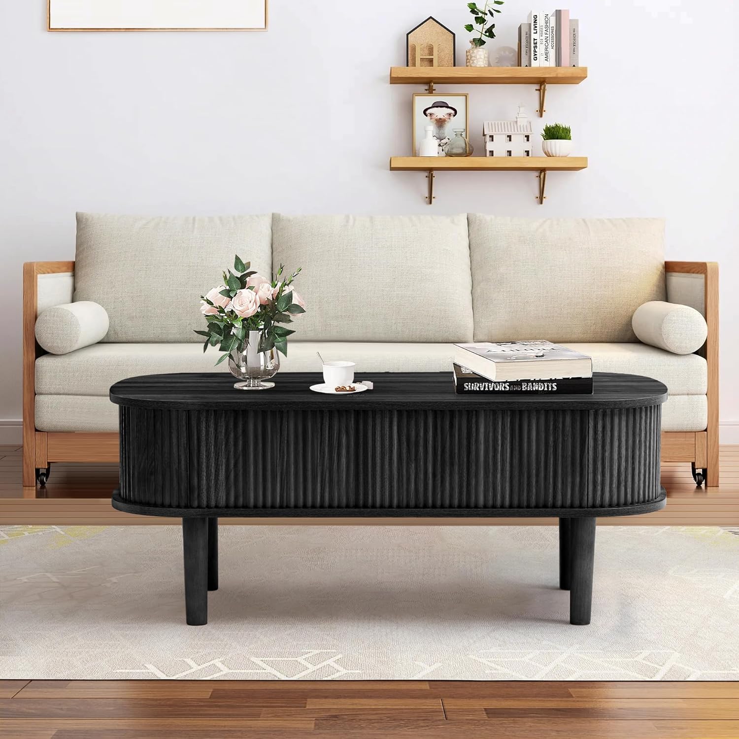 Fluted Lift Top Coffee Table with Hidden Compartment, Fully Assembled Wooden Center Table, Modern Oval Lift Tabletop for Home Living Room Office, Black