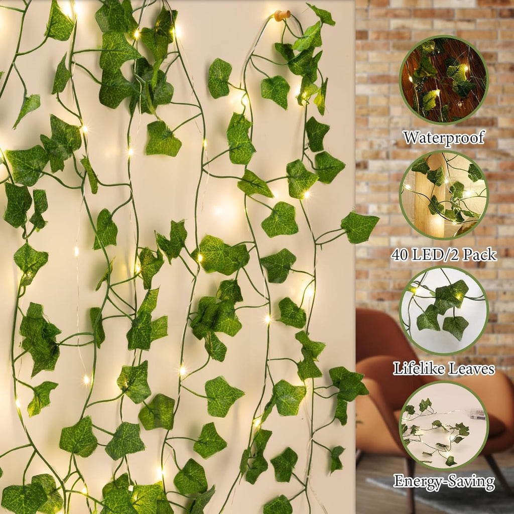 2 Pack 6.56FT Vines with Lights, Fake Ivy String Lights Battery Operated, 20 LEDs Green Leaf Lights with 8 Modes, Artificial Vines with Fairy Lights for Bedroom Wall Garden Party Decor