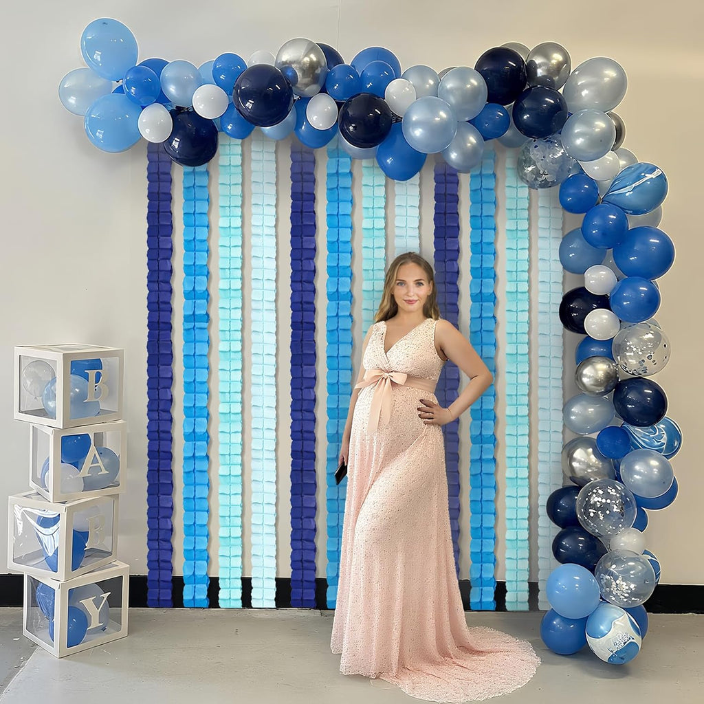 12 Pcs Blue Paper Garland Streamers Decorations, Navy Sky Teal Gradient Backdrop Decor 9.8ft Ready-to-Hang 4-Leaf Design for Graduation Mamma Mia Under The Sea Boy Birthday Party Supplies