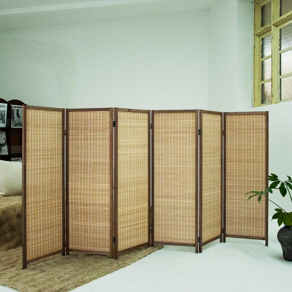 6 Panel Short Room Divider Folding Screen,47 inch Bamboo Panel Divider for Home Partition,Brown