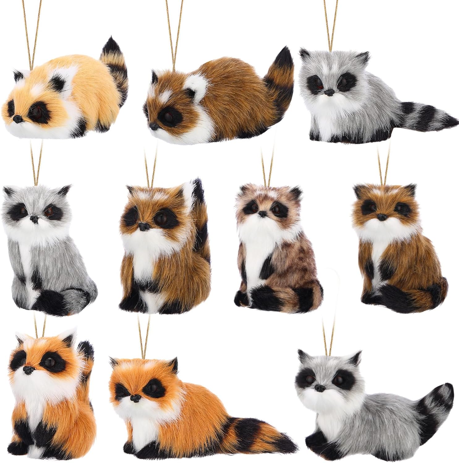 Skylety 10 Pieces Forest Animals Ornaments Woodland Animal Faux Fur Plush Hanging Ornaments Family Educational Playset for Fall, Christmas, Winter Birthday Party Supplies(Raccoon)