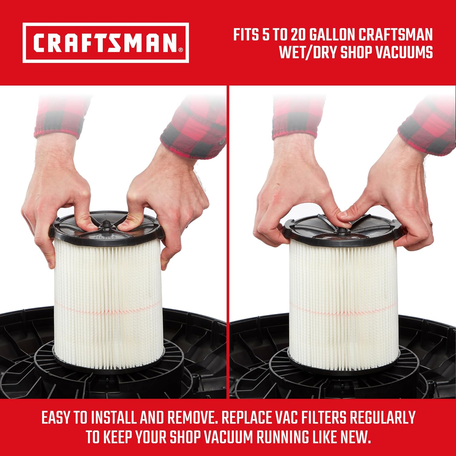 CRAFTSMAN CMXZVBE38755 Genuine General Purpose Wet Dry Vac Replacement Vacuum Filter for Most 5 to 20 Gallon CRAFTSMAN Shop Vacuums, Easy Installation and Traps General Debris, 2-Pack