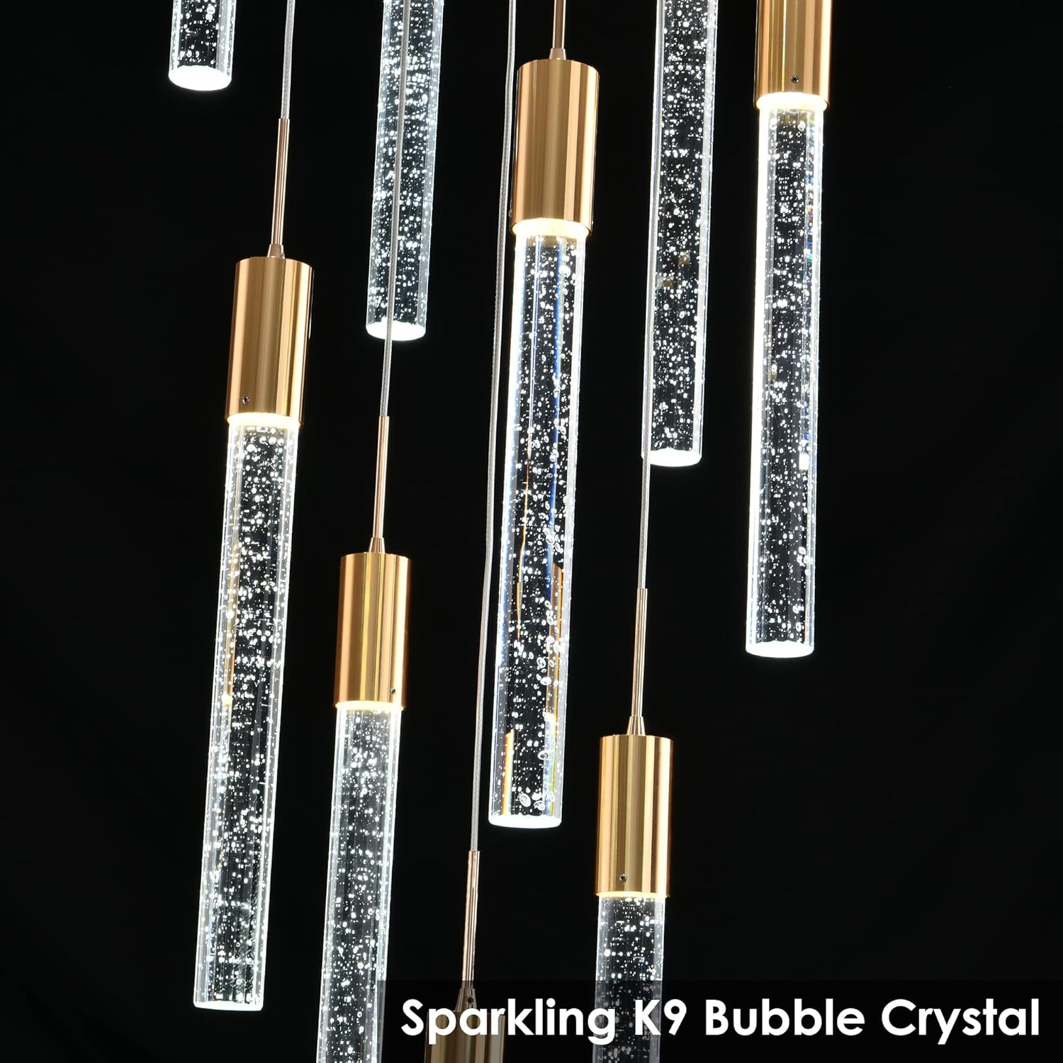 Modern High Ceiling Crystal Chandelier 9-Lights, Gold Spiral LED Raindrop Foyer Pendant Lighting, Bubble Staircase Living Room Hanging Light Fixture Flush Mount