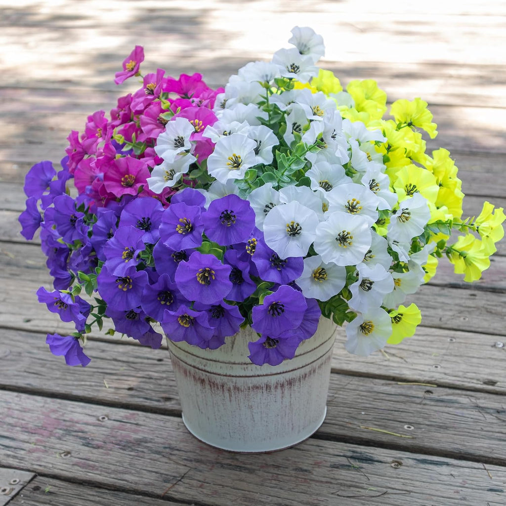 Artificial Flowers for Outdoors,UV Resistant Artificial Outdoor Flowers,Not-Fading Faux Flowers for Outdoor Planters Front Door Porch Yard Patio Garden Home Decor,12 Bundles Mix 4 Colors