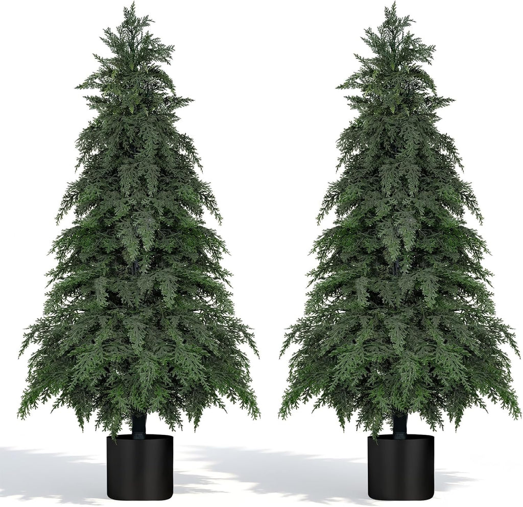 2Pack Artificial Topiary Trees, 4FT Faux Cypress, Faux Evergreen Pine Shrubs Plants with Pot, Potted Plants for Front Porch Indoor Outdoor Garden Christmas Decor