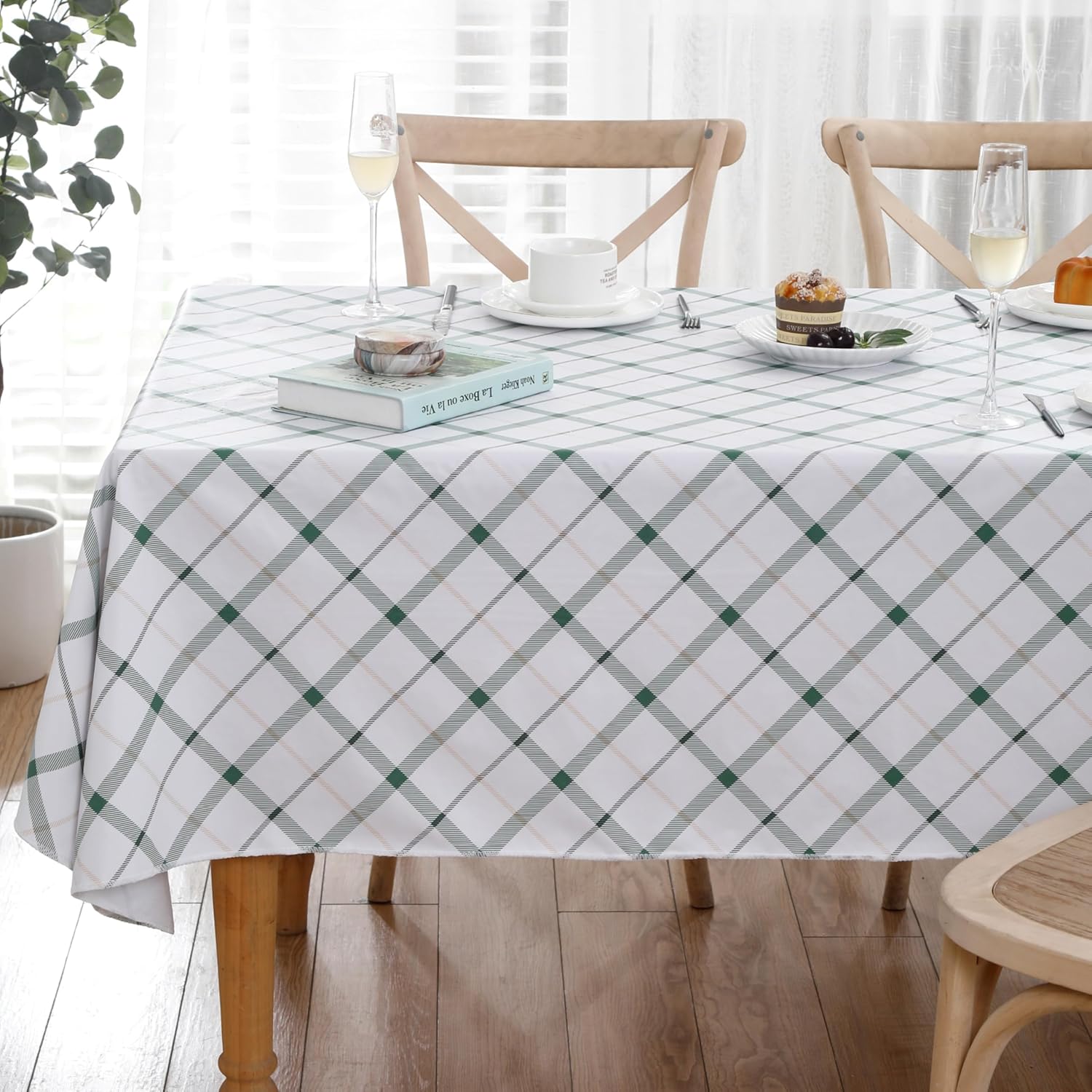 Heavy Duty Vinyl Tablecloth with Flannel Backing Waterproof Oil-Proof Plastic Table Cloth Stain-Resistant Wipeable Rectangle or Square Table Cover for Indoor and Outdoor (Green Plaid,60x84 Inch)