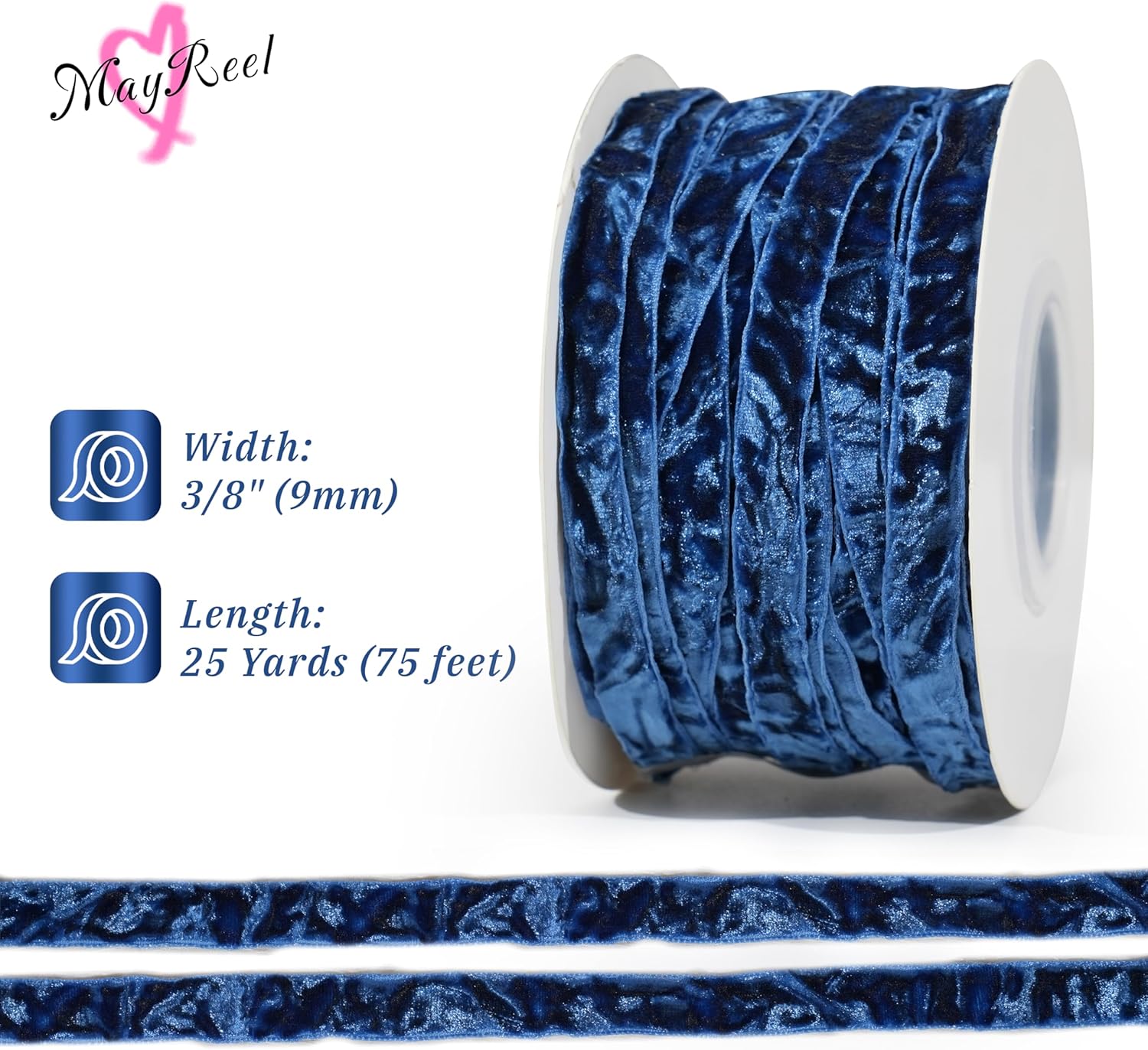 MAYREEL 3/8 Inch Blue Crushed Velvet Ribbon Navy Blue Vintage for Flower Bouquet Gift Wrapping Wedding Invitations Crafts Christmas Decorations Party 25 Yards