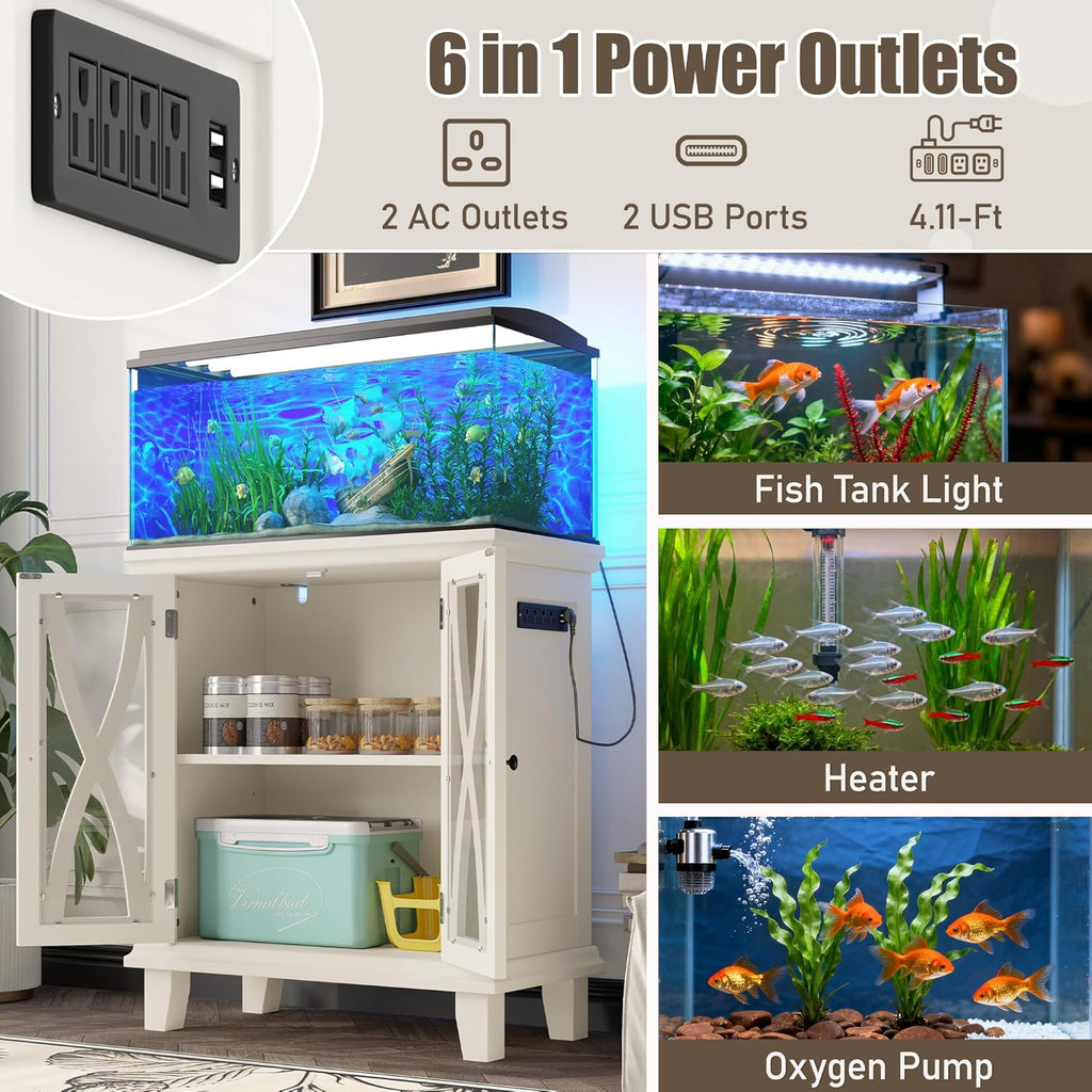 20 Gallon Fish Tank Stand with Power Outlets, Farmhouse Aquarium Stand with Cabinet Storage and Adjustable Shelves for Fish Tank, Reptile Terrarium, 298LBS Capacity, Beige