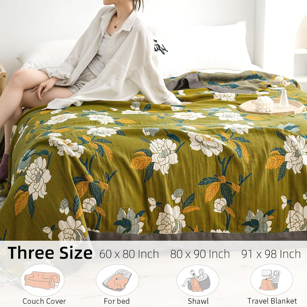 Boho Throw Blanket for Bed - 100% Pure Cotton Ultra Soft Rustic Quilt - Farmhouse Decor Bed Blankets, All Season Rustic Throw for Sofa Couch Chair(91''x 98'', Flower Branch)