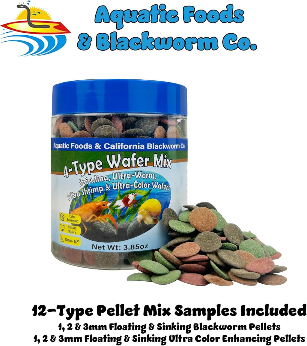 Aquatic Foods Inc. 4-Type 12mm - 1/2" Sinking Wafer Mix of Spirulina-Algae, Ultra-Worm, Shrimp, Color Enhancing for Shrimp, Snails, Crayfish, Bottom Fish, 12-Type Pellets Included 6.0oz Canister