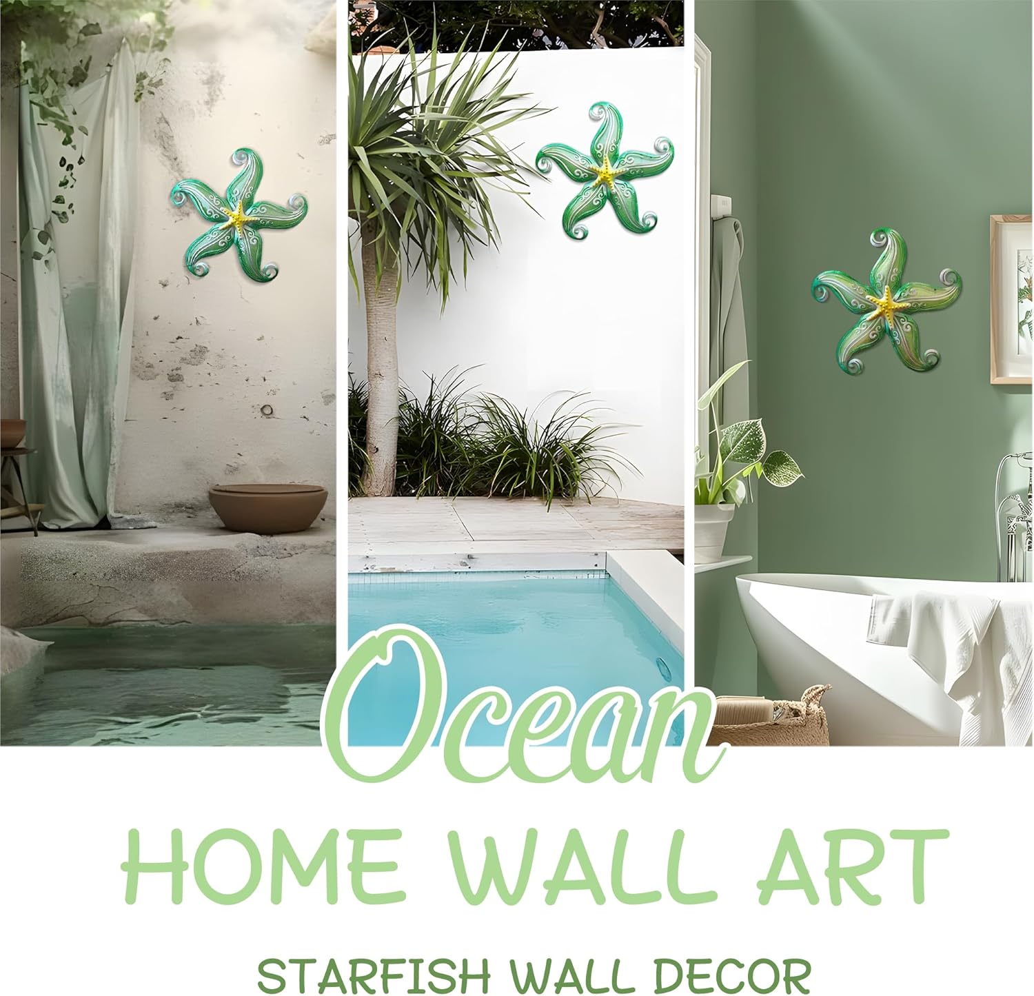 Metal Starfish Wall Decor, Sea Life Coastal Decorations 12 inch Starfish Wall Art, Nautical Home Decoration Handing Ocean Beach Wall Art for Garden,Fence,Home,Patio,Kitchen,Bathroom,(Green)