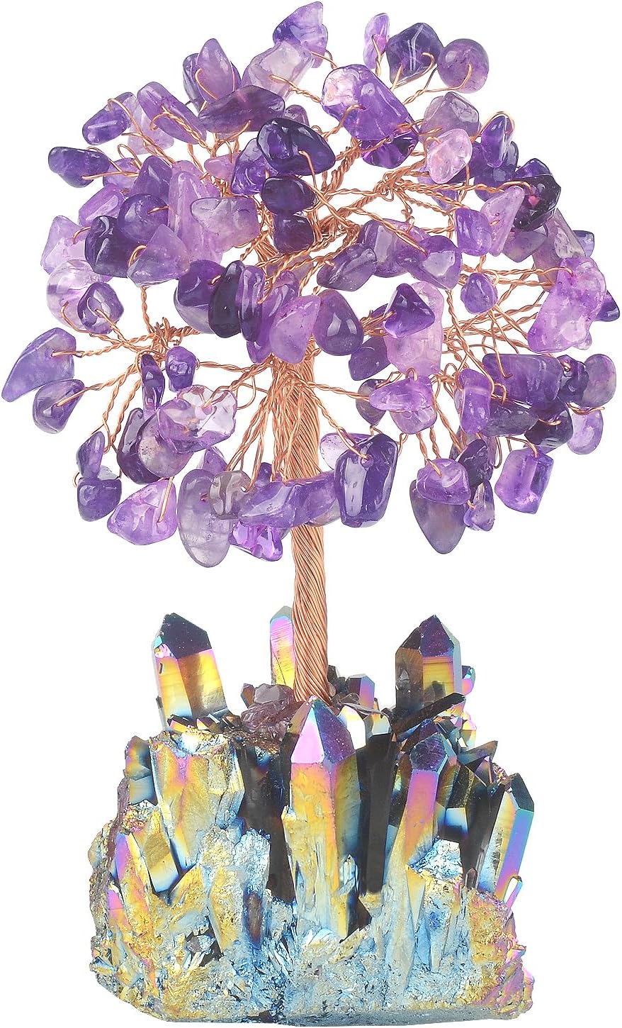 Natural Amethyst Crystal Tree, Quartz Cluster Rainbow Titanium Crystals Base, Feng Shui Bonsai Money Tree for Wealth and Luck