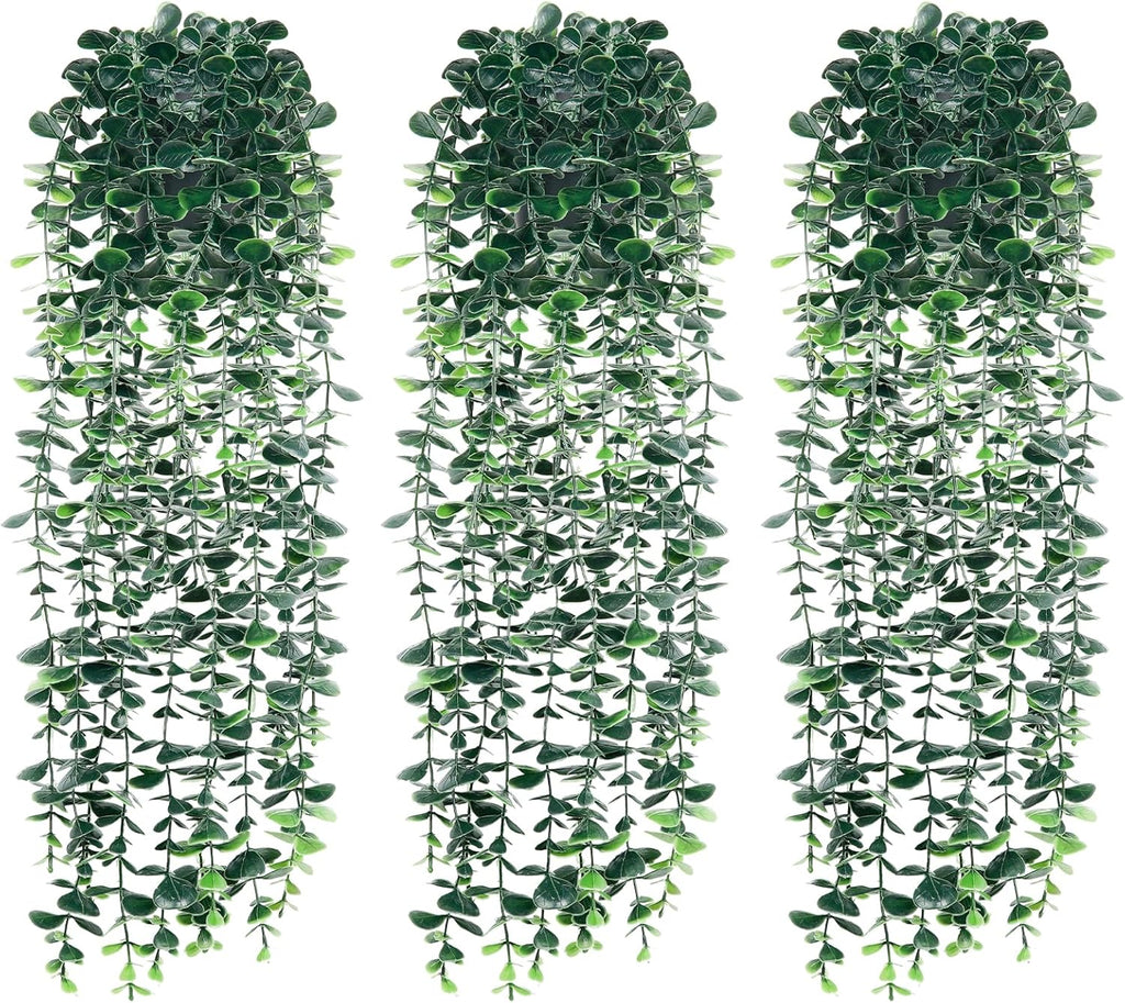 Artificial Hanging Eucalyptus Plants，Fake Plant Eucalyptus Small Decor Faux Hanging Vine Plants Wall Greenery for New Home Decoration，for Floating Shelf Indoor Outdoor Pack of 3