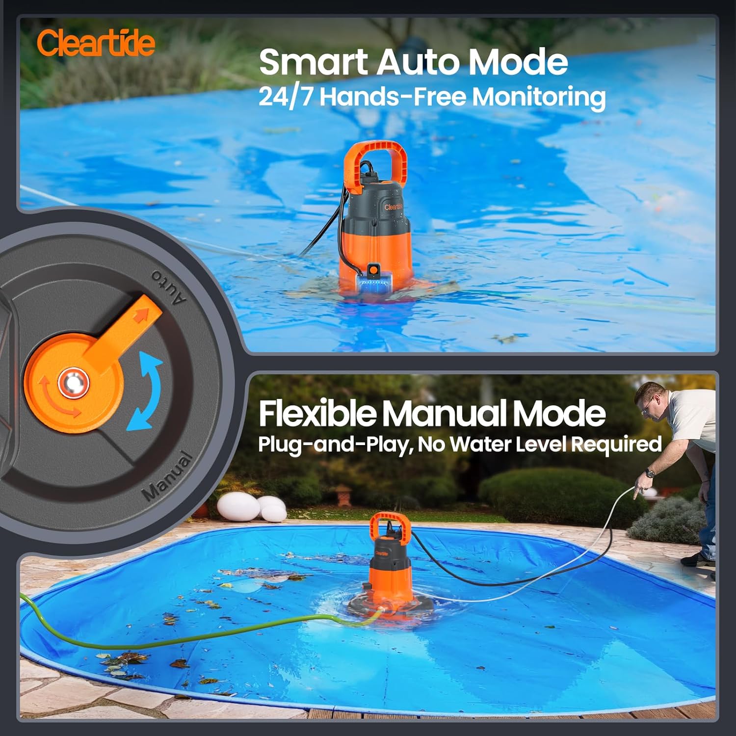 Cleartide 1/3 HP Automatic Pool Cover Pump, Smart Auto/Flexible Manual Mode,120V AC, 2790 GPH Pump for Inground/Above Ground Swimming Pool Cover, Pond, Basement, Window Well, with 25ft Power Cord