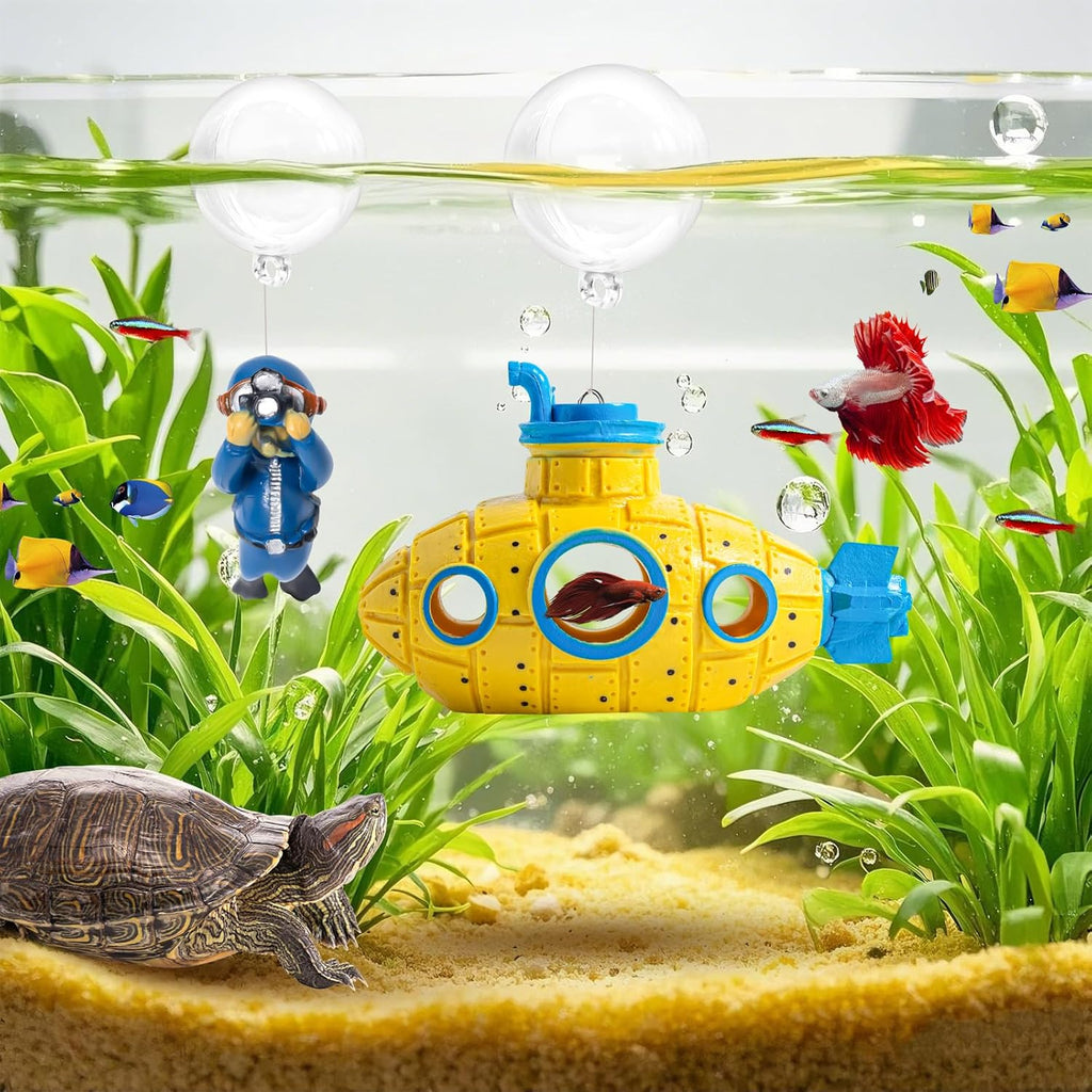 CousDUoBe New Upgrade Floating Fish Tank Decoration, Cute Retro Submarine Set and Floating Diver,Three Float Balls, Aquarium Decorations Resinous Betta Fish Tank Accessories