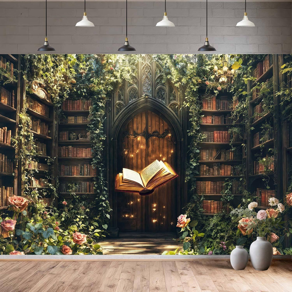 6X4ft Enchanted Magical Retro Forest Backdrop Green Nature Library Bookshelf Photography Background Magic Party Decor for Birthday Baby Shower Photo Shoot Props for Kids Adults