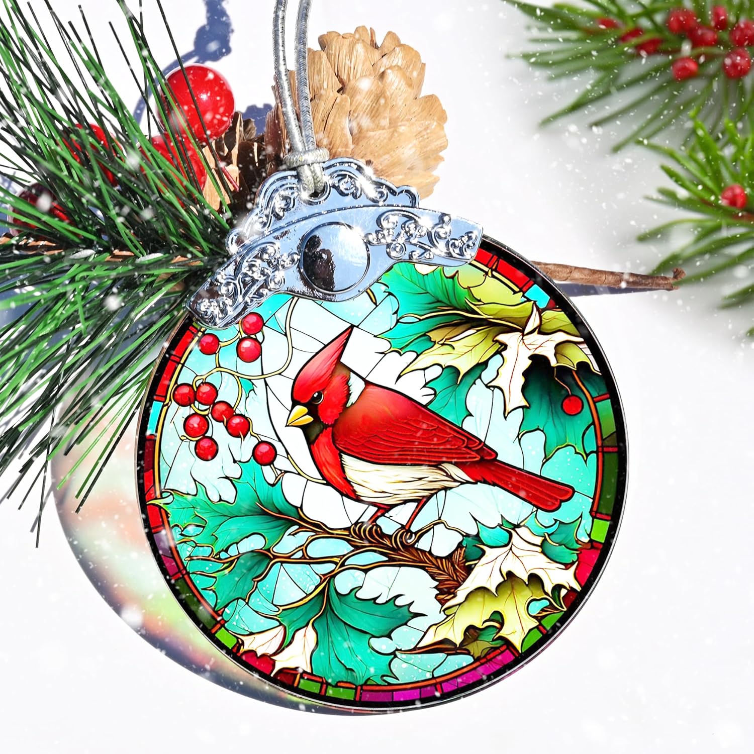 Stained Glass Christmas Ornament, Jocidea Christmas Decorations, Cardinal Christmas Tree Ornament, Holiday Decor and Xmas Gifts Ideas