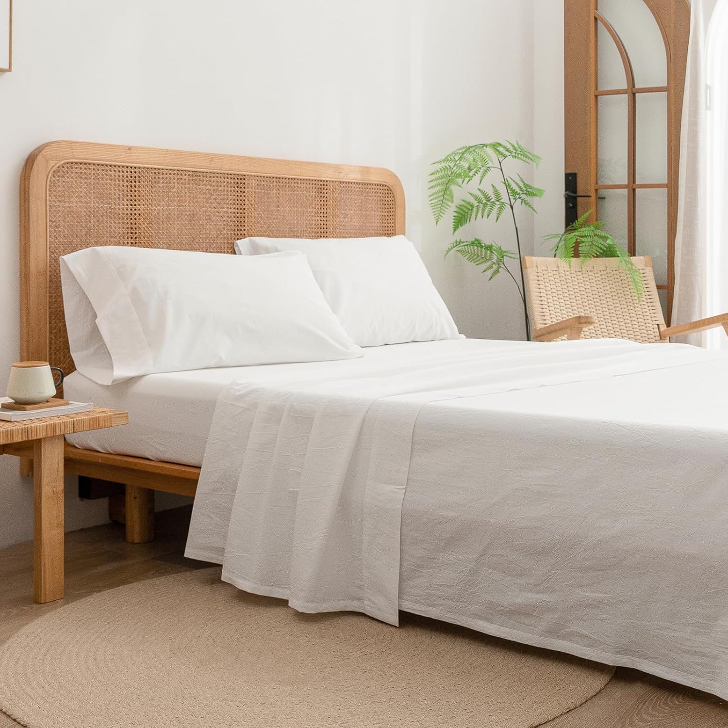 BESTOUCH Sheet Set 100% Washed Cotton Linen Feel Super Soft Comfortable Chic Lightweight 4 Pcs Home Bedding Set Solid Off White Cal King