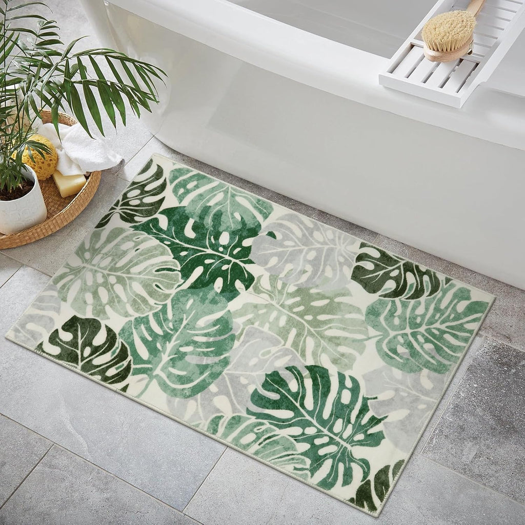 Wonnitar Tropical 2x3 Small Bathroom Rug, Washable Green Leaf Bath Mat, Non-Slip Cute Monstera Kitchen Sink Throw Rug, Low Pile Non-Shedding Floor Carpet for Bedside Dorm Doormat Decor