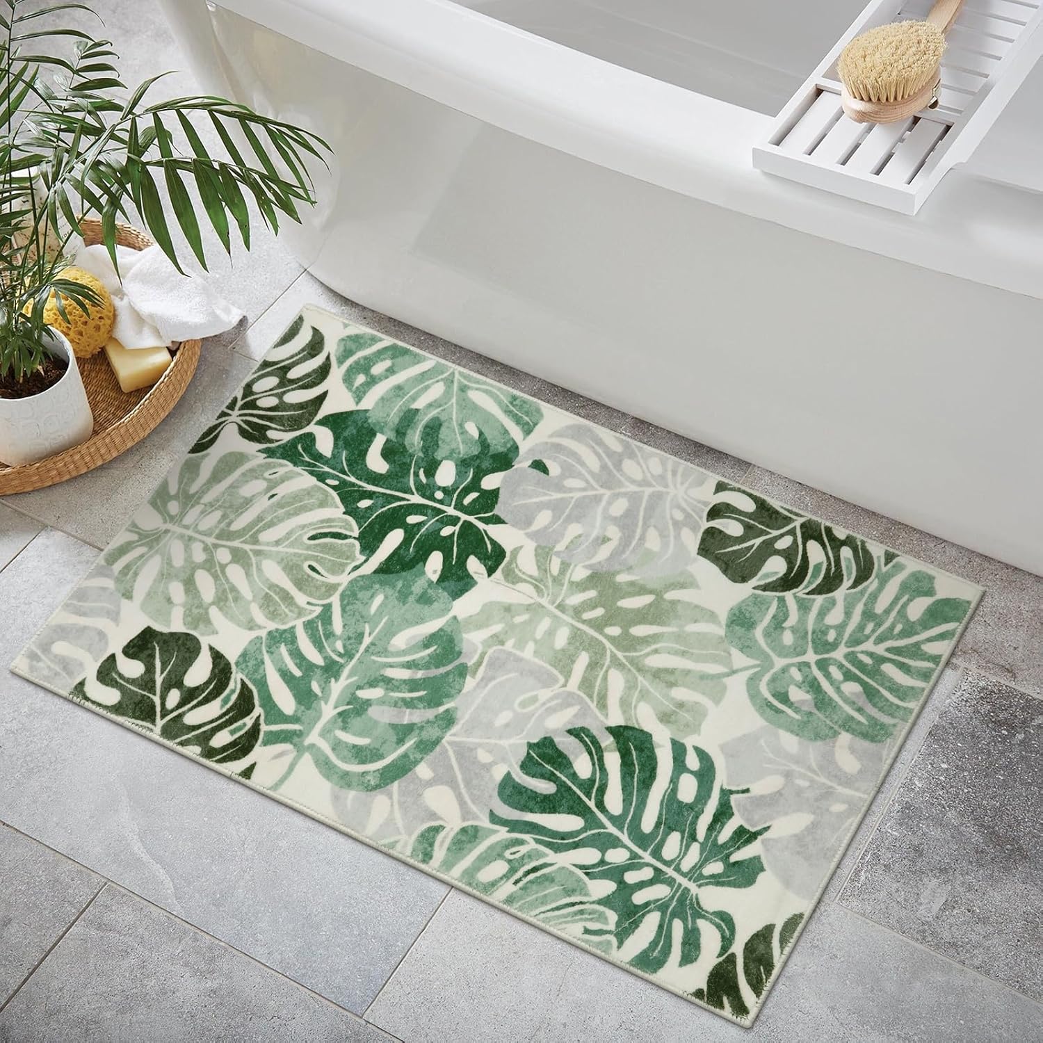 Wonnitar Tropical 2x3 Small Bathroom Rug, Washable Green Leaf Bath Mat, Non-Slip Cute Monstera Kitchen Sink Throw Rug, Low Pile Non-Shedding Floor Carpet for Bedside Dorm Doormat Decor