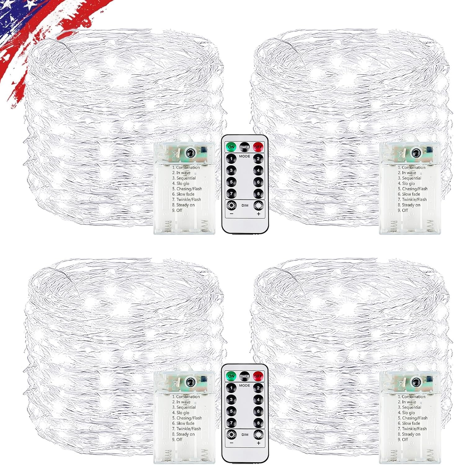 4 Pack White Fairy Lights Battery Operated with Remote, Waterproof 20FT 60LED Cuttable Twinkle Lights with Timer Indoor Outdoor, String Light for Bedroom, Classroom, Wedding, DIY, Christmas Décor