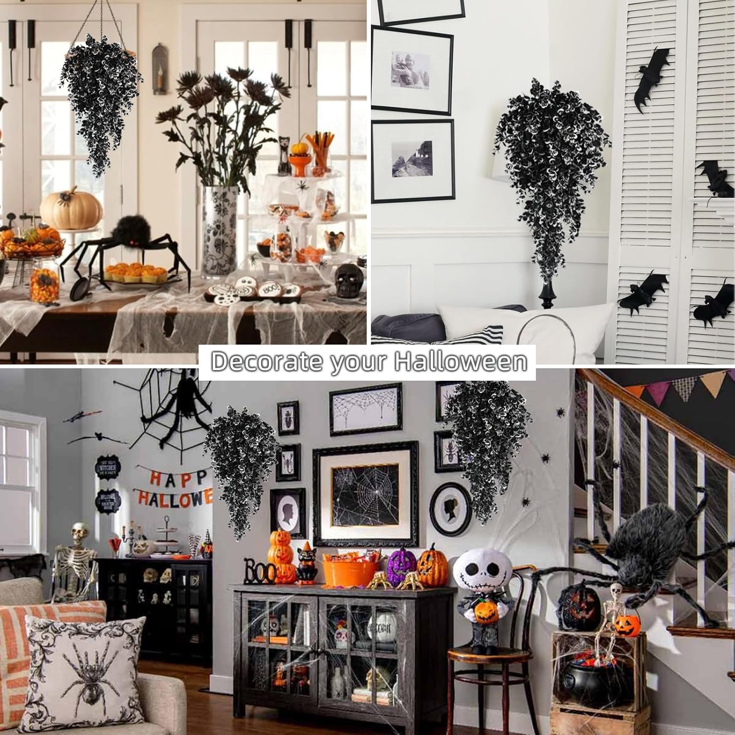 RECUTMS 4 Pcs Artificial Flowers Eucalyptus Leaves Plants Faux for Indoor OutsideWall Garden (Black White)