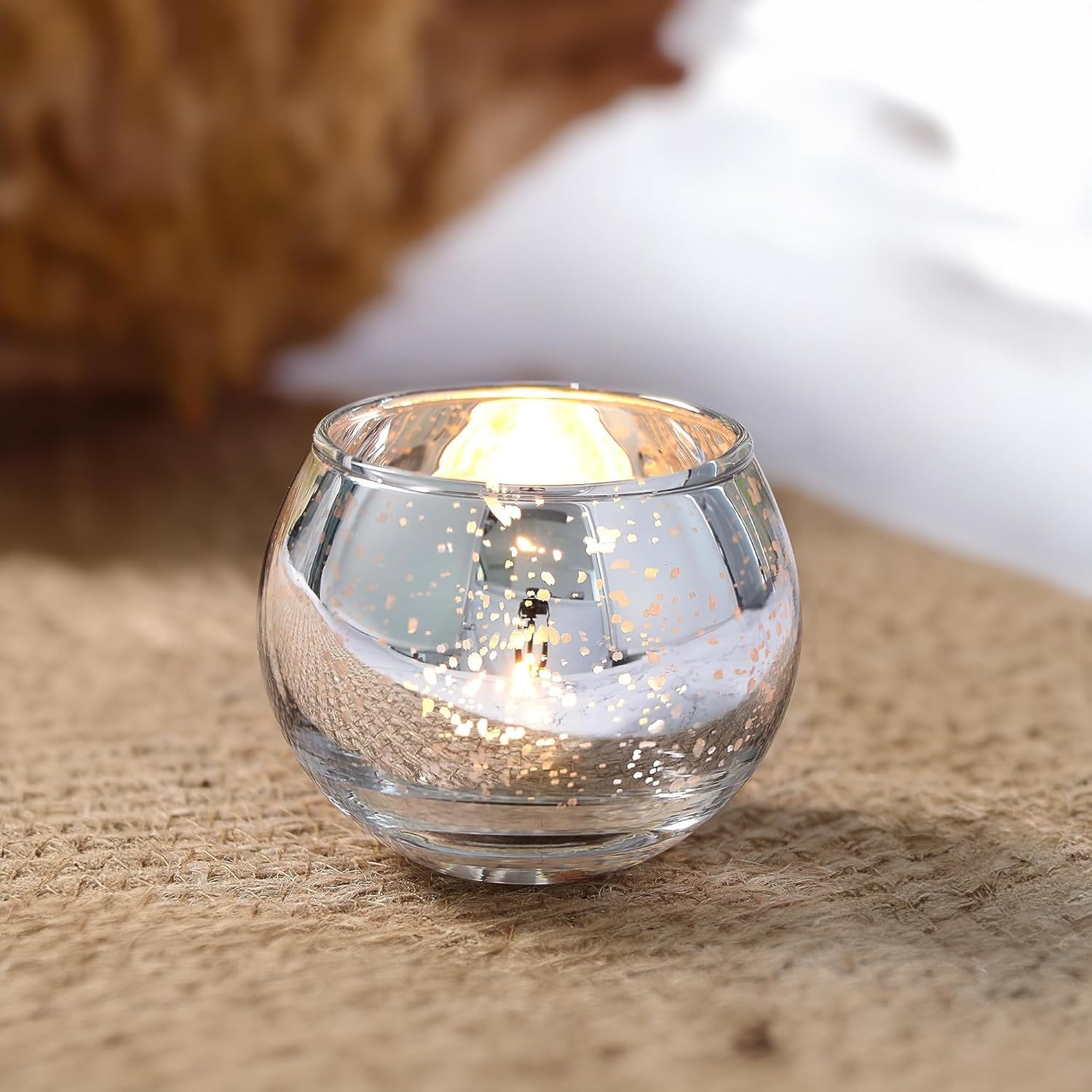 WGVI 24 Pcs Silver Speckled Glass Tea Light Votive Candle Holders, Width 3", Height 2.5", Small Globe Bubble Bowl Round Vase, Mercury Votive Tabletop Décor