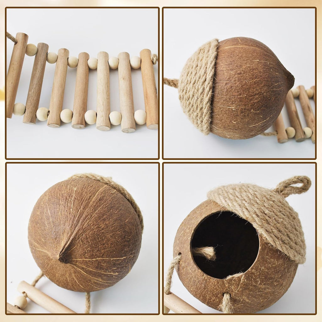 Lizard Coco Den with Ladder,5PCS Leopard Gecko Tank Accessories Reptile Terrarium Plants Hammock Coconut Hut Hide Hanging Reptile Decor for Crested Gecko,Baby Bearded Dragon,Chameleon,Snake