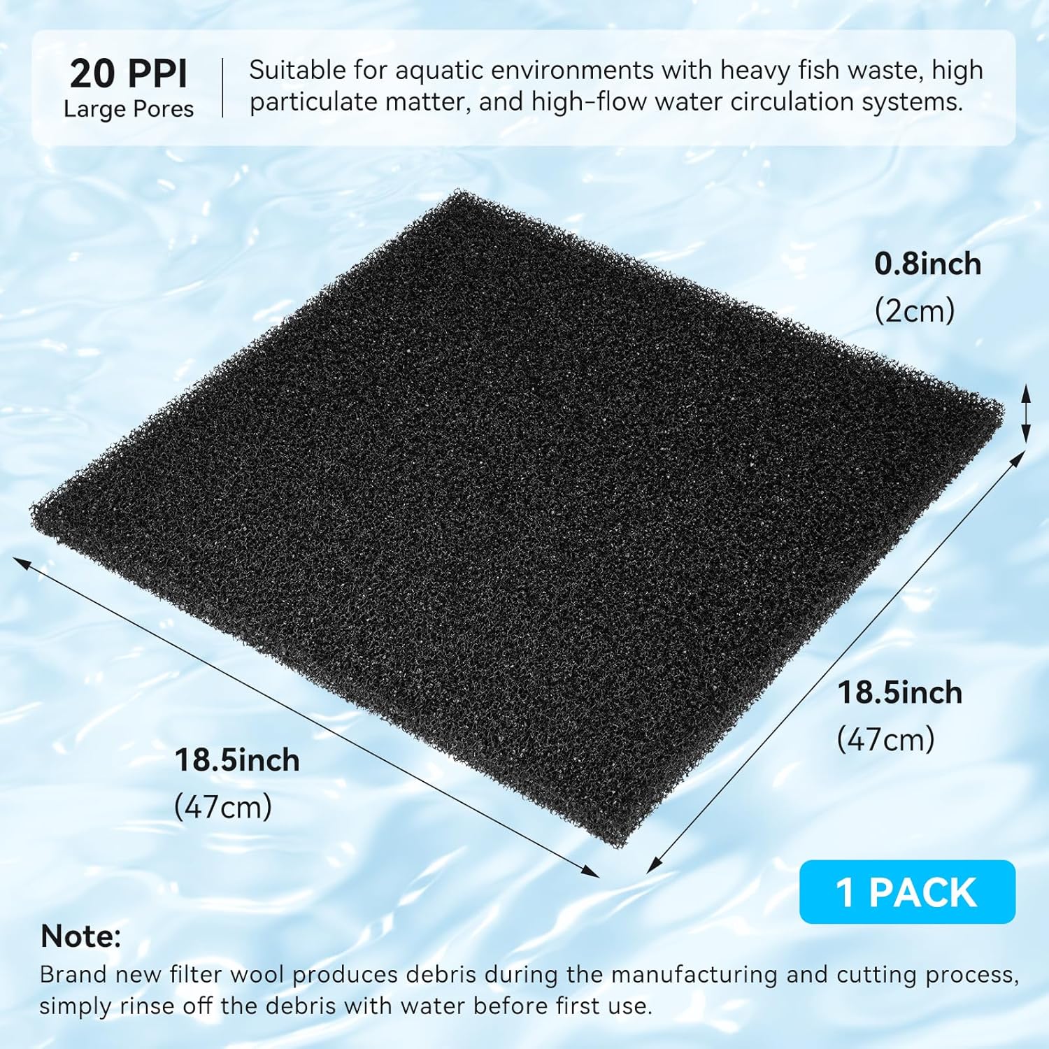 Borlech Aquarium Filter Sponge Pad, Filter Media Foam Sponges, Filter Accessories for Fish Tanks and Ponds (18.5"x18.5"x0.8", 20PPI, 1 Pack)