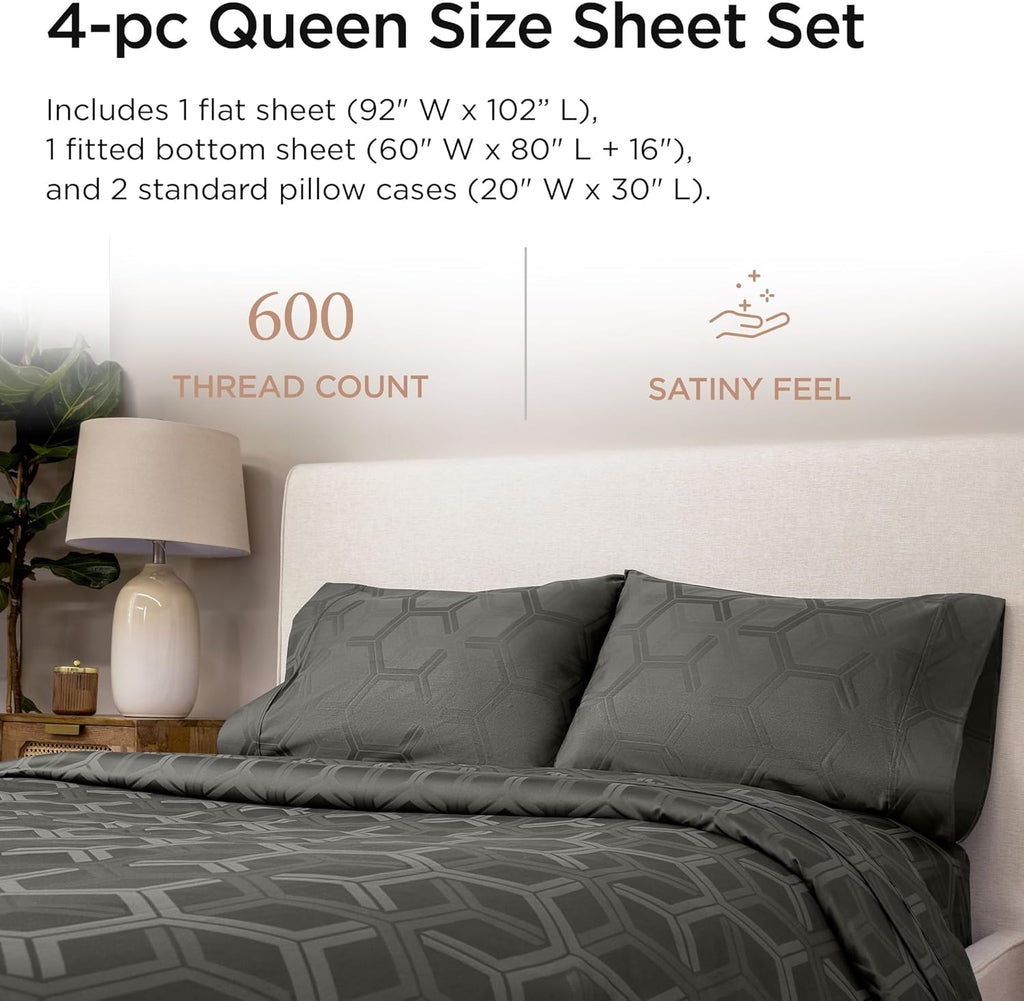 Threadmill 100% Cotton Sheets for Queen Size Bed - 600 Thread Count Queen Bed Sheets Set with 16” Deep Pocket - Jacquard Sateen Weave 4-Piece Bedding Set with Cooling Effect, Dark Grey