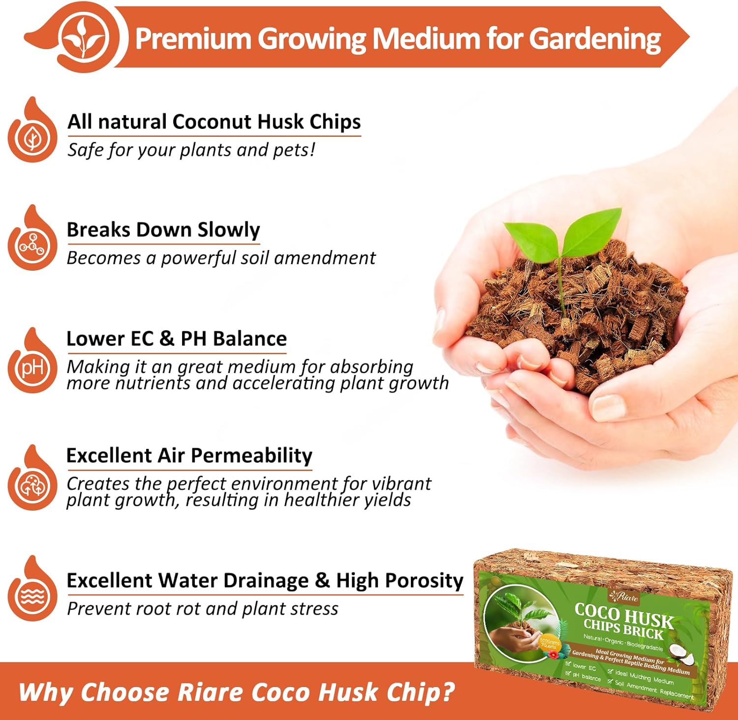 Riare 2 Pack Coco Chips Substrate for Plants- 2.2lb 100% Organic Coconut Husk Brick with Low EC and pH Balanced, High Expansion Coconut Substrate Coco Husk Mulch for Garden Flowers, Herbs, Planting