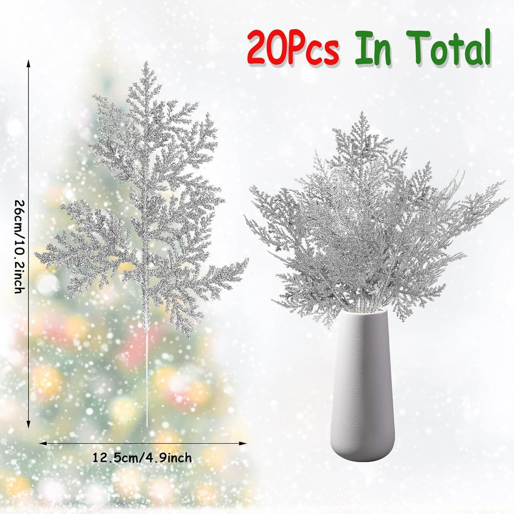 KIMOBER 20PCS Christmas Artificial Pine Needles,Glitter Silver Fake Floral Spray Picks Branches Twig for Xmas Tree Wreath Wedding Bouquet Decoration