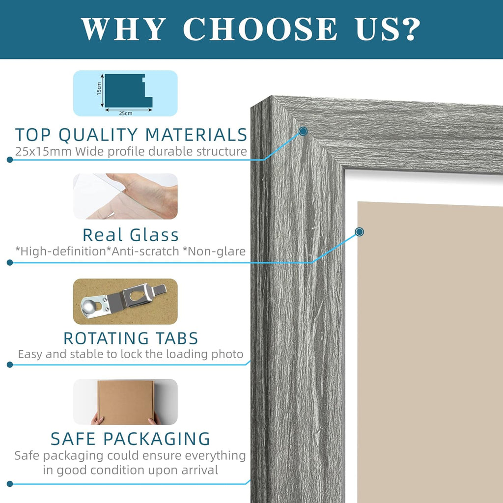 8x10 Picture Frame Set of 4, Made of Real Glass and Grey Wooden Frame, 8 by 10 Photo for Wall or Tabletop - Display Picture 5x7 with Mat or 8x10 Without Mat