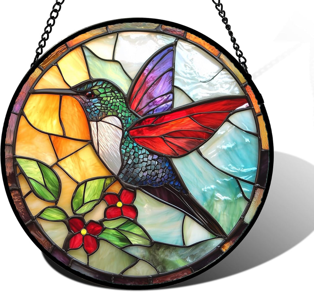 Stained Glass Window Hanging, Hummingbird Gifts Sun Catchers Diamond Glass Panel Hangings Birds Suncatcher Decor for Birthday for Women, Men, Wife, Aunt, and Mom 11.8x11.8 in