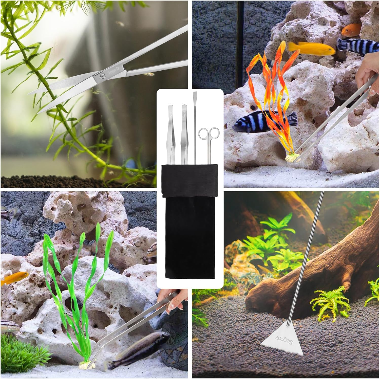 Segarty Longer Aquarium Aquascaping Tools, 4 in 1 Stainless Steel Silver Aquarium Tools Kit for Aquatic Plant Fish Tank, Scraper Spatula Feeding Tweezers Curved Scissors Anti Rust Aquascape Set