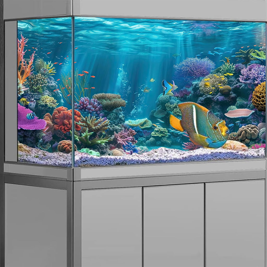 iTapnoom Ocean Floor Aquarium Background, Underwater Tropical Fish Coral Reef Aquatic Nature Plant Fish Tank Backdrop Decor, Polyester Fabric with 6 EVA Double-Sided Tapes 36x18 inches/90x45cm