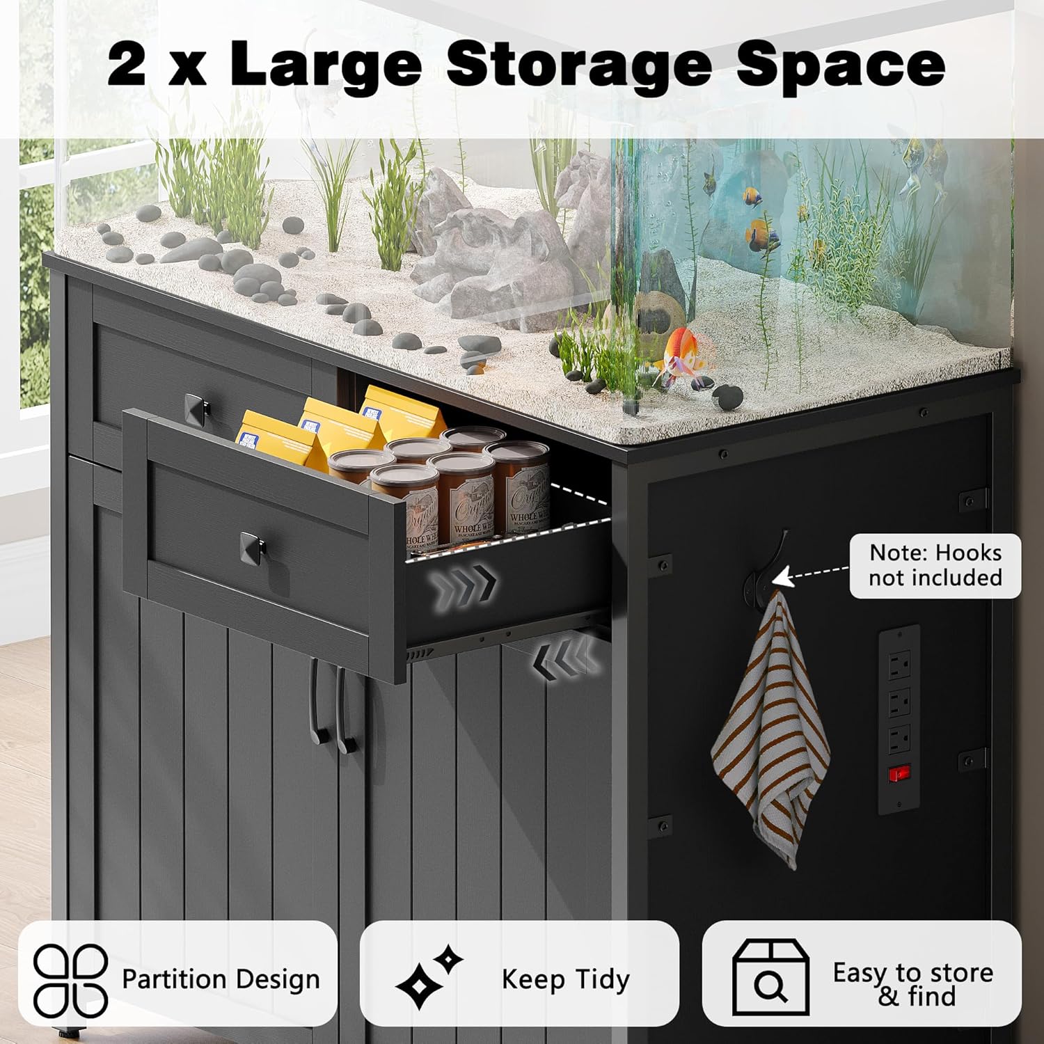 Pipleo 40-50 Gallon Aquarium Stand with Power Outlets, Cabinet for Fish Tank Accessories Storage, Heavy Duty Metal Fish Tank Stand Suitable for Turtle Tank, Reptile Terrarium, 660LBS Capacity, Black