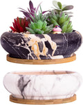 ARTKETTY Succulent Pots - 7.3 Inch Ceramic Bonsai Pots with Trays Set of 2, Large Succulent Plant Pots with Drainage Shallow Planters for Indoor Plants Marble Cactus Flower Plant Container Bowl