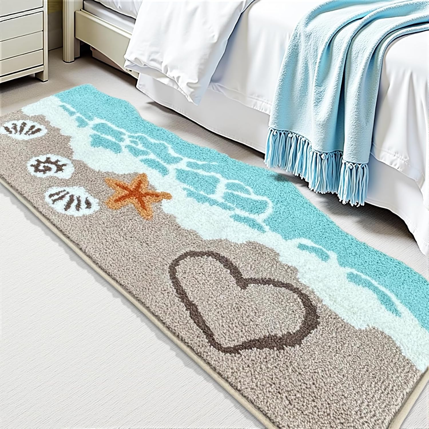 Beach Bathroom Rugs Soft Absorbent Ocean Wave Bath Mat with Non-Slip Backing Coastal Decor for Bathroom Kitchen Entryway, Blue Sea Design with Starfish Shells Pattern Bath Decor (C, 24"x47")