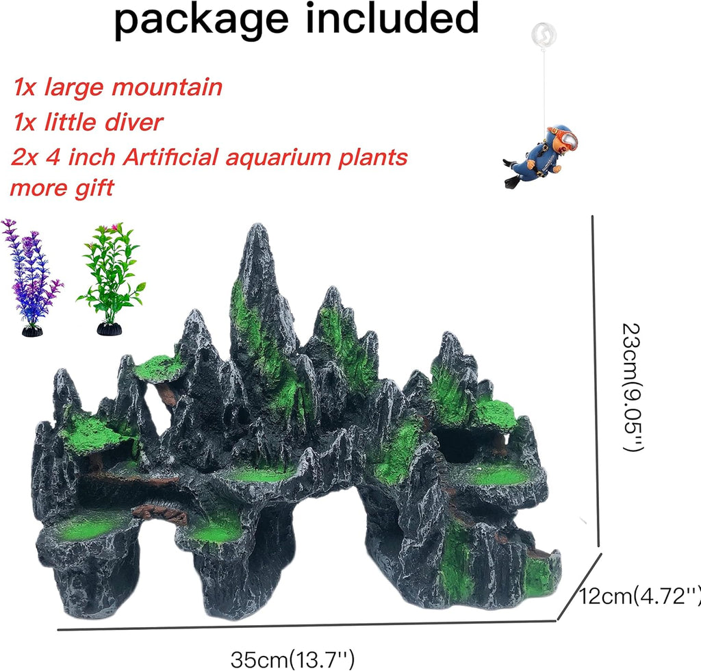 Extra Large Aquarium Decorations - Big Mountain View Ornaments, Come with 1 Little Diver and 2X 4inch Aquarium Plastic Plants