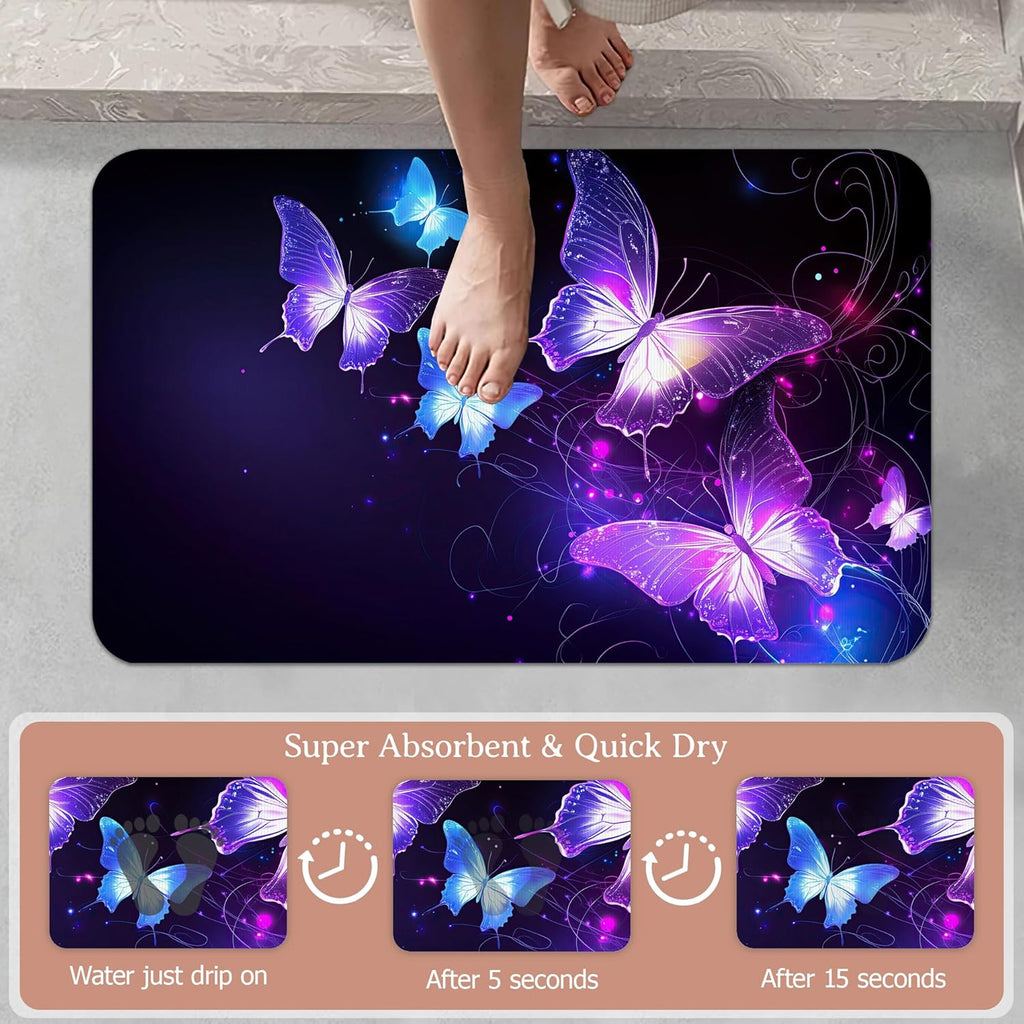 Diatomaceous Earth Bath Mat,Flying Butterflies Bath Rugs,Glowing Stars Non-Slip Thin Absorbent Fast Drying Easy to Clean for Bathroom Laundry Home Kitchen Door Mat 17x29.5Inch