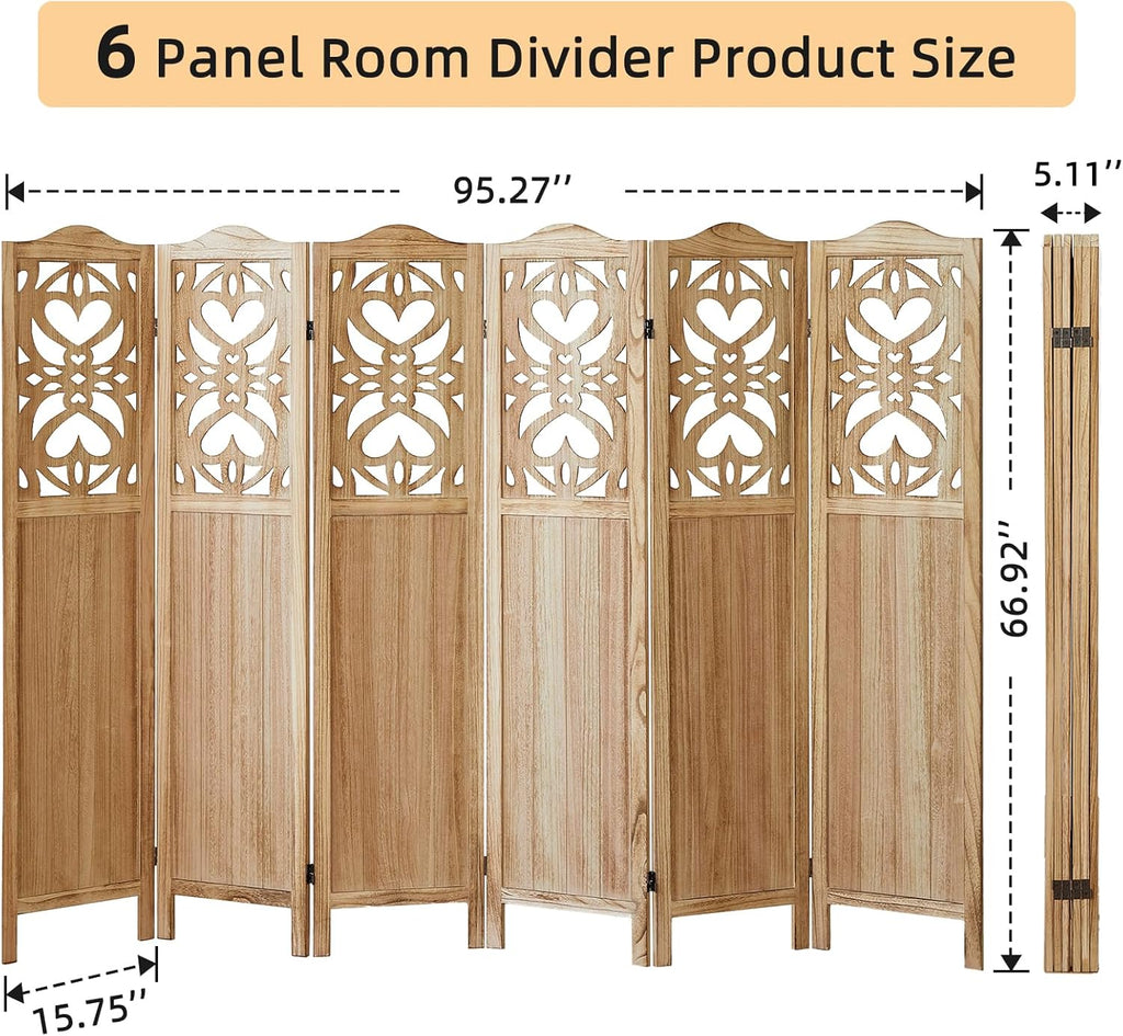 6 Panel Room Divider, 5.6Ft Carved Room Divider Wall and Folding Partition Divider Wal, Folding Privacy Screen, Portable Partition Screen for Bedroom Home Office - Natural