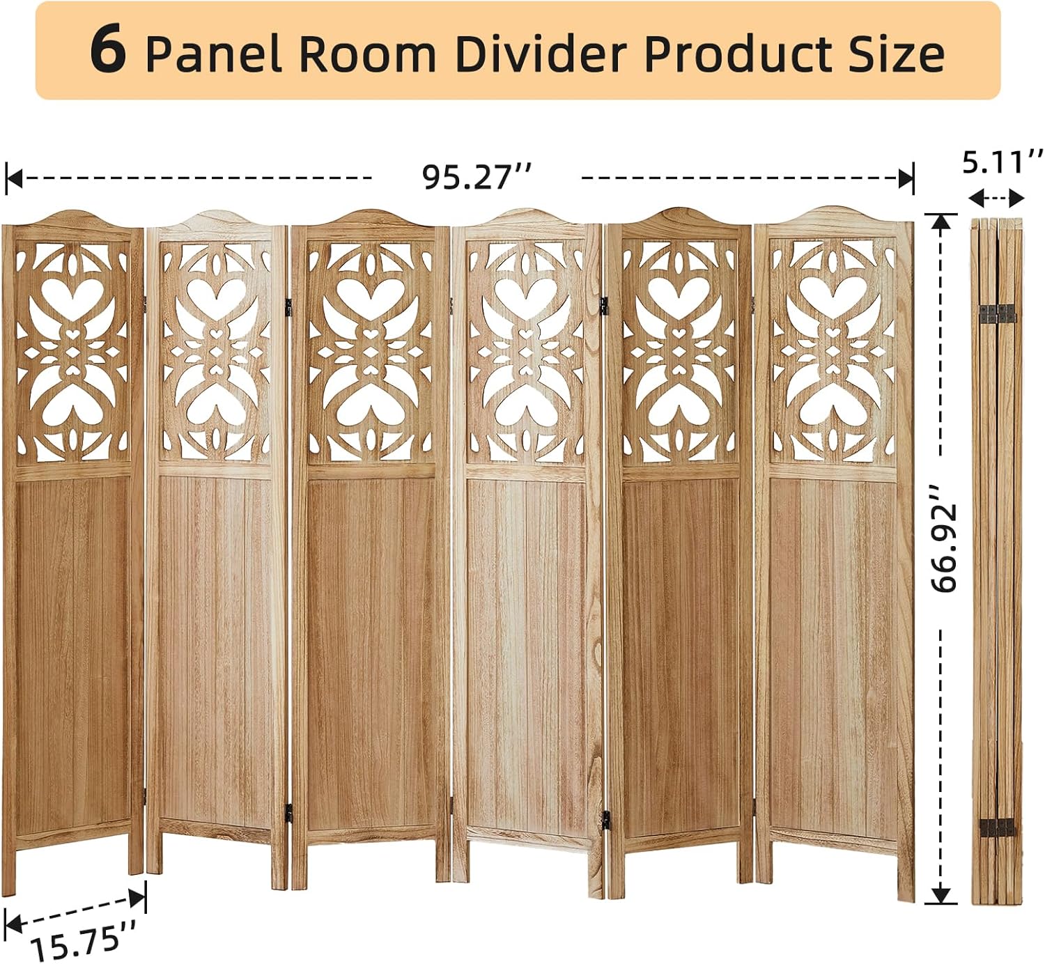 6 Panel Room Divider, 5.6Ft Carved Room Divider Wall and Folding Partition Divider Wal, Folding Privacy Screen, Portable Partition Screen for Bedroom Home Office - Natural