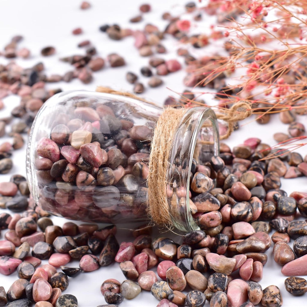 Polished Rhodonite Crystal Chips 200 Pcs - 0.3" 10 oz Tumbled Stone Chips Crushed Sea Glass Stones Healing Reiki Crystal Making Home Decoration