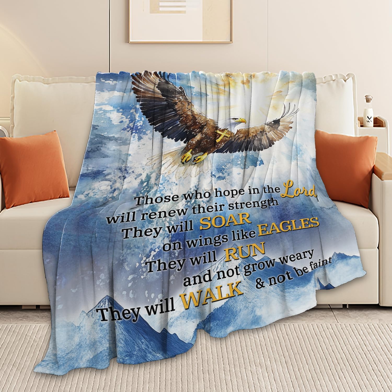 Bald Eagle Blanket Christian Faith Religious Bible Verse Inspirational Scripture Throw Catholic Spiritual Gifts for Adults Women Men Kids Girls Boys Plush Fuzzy Fleece Blanket Decor 40''X50''