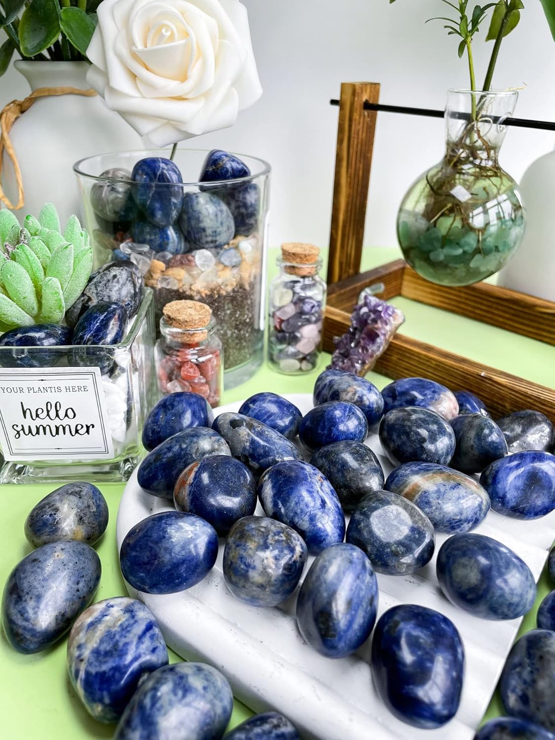 DUQGUHO Blue Sodalite Natural Healing Crystals Stones Set Polished Tumbled Crystal Stones Bulk Irregular Pebble Stones Rocks 0.45 lbs
