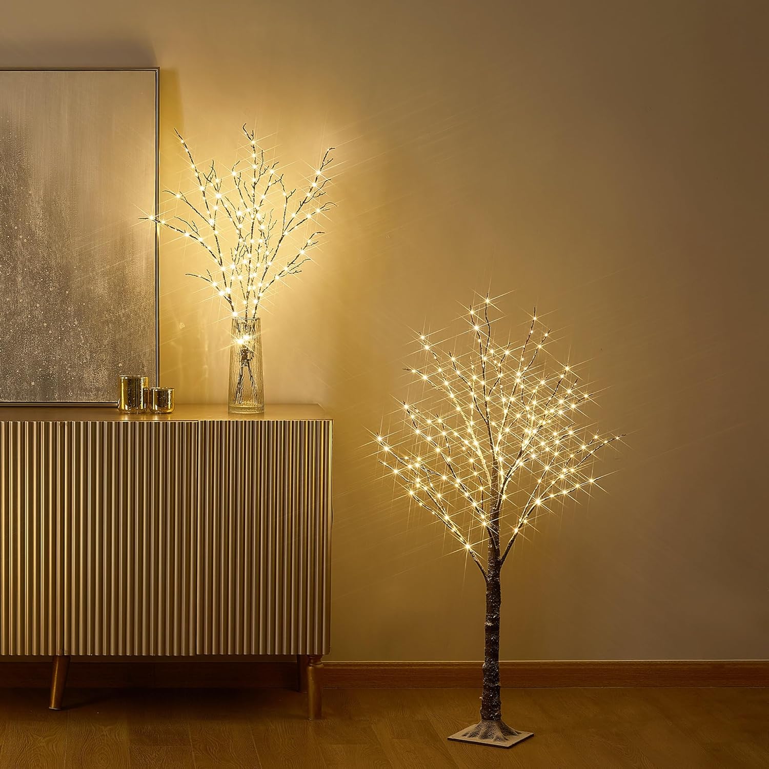 Hairui Lighted Snow Dusted Twig Tree with 200 LED Fairy Lights 4FT for Indoor Outdoor Home Thanksgiving Christmas Holiday Decoration