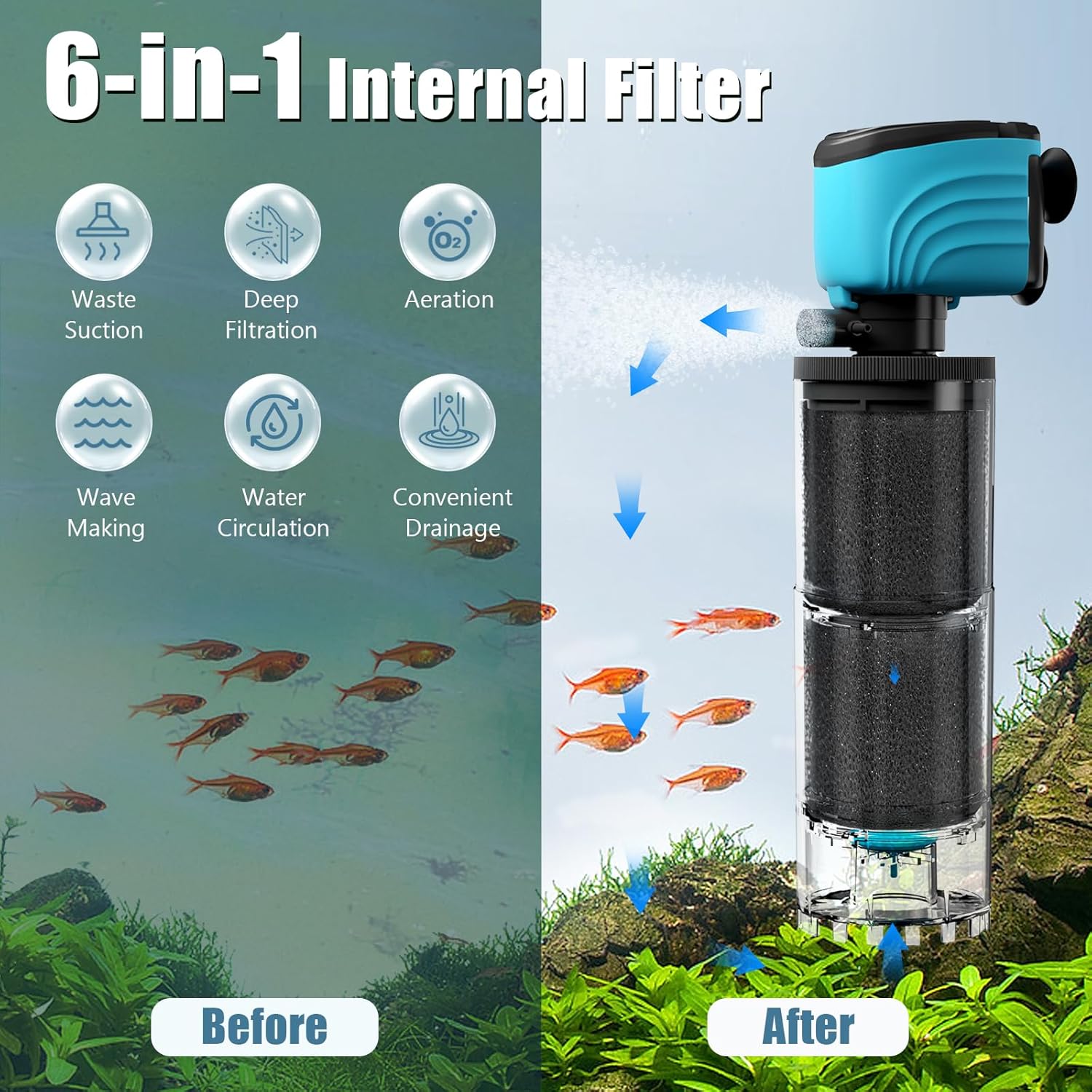 Internal Aquarium Filter, Upgraded 50-150 Gallon Fish Tank Filters, 450GPH Submersible Whisper Pump for Large Turtle Tank with Debris Tray, Check Valve
