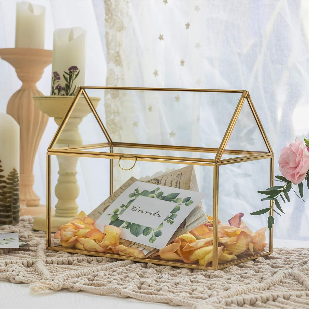 NCYP Glass Card Box for Wedding Reception - 10.2" x 5.9" x 8.2" House Shape Clear Terrarium Planter, Home Party Tabletop Decor, Centerpiece, Gold (Glass Box Only)