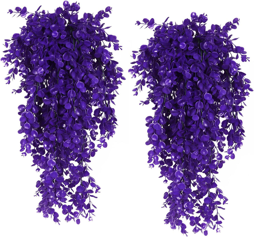 RECUTMS 4 Pack Artificial Plants Hanging Faux Eucalyptus Leaf Greenery Fake Plant for Wall House Room Patio Indoor Outdoor Home Shelf Office Decor (Purple)